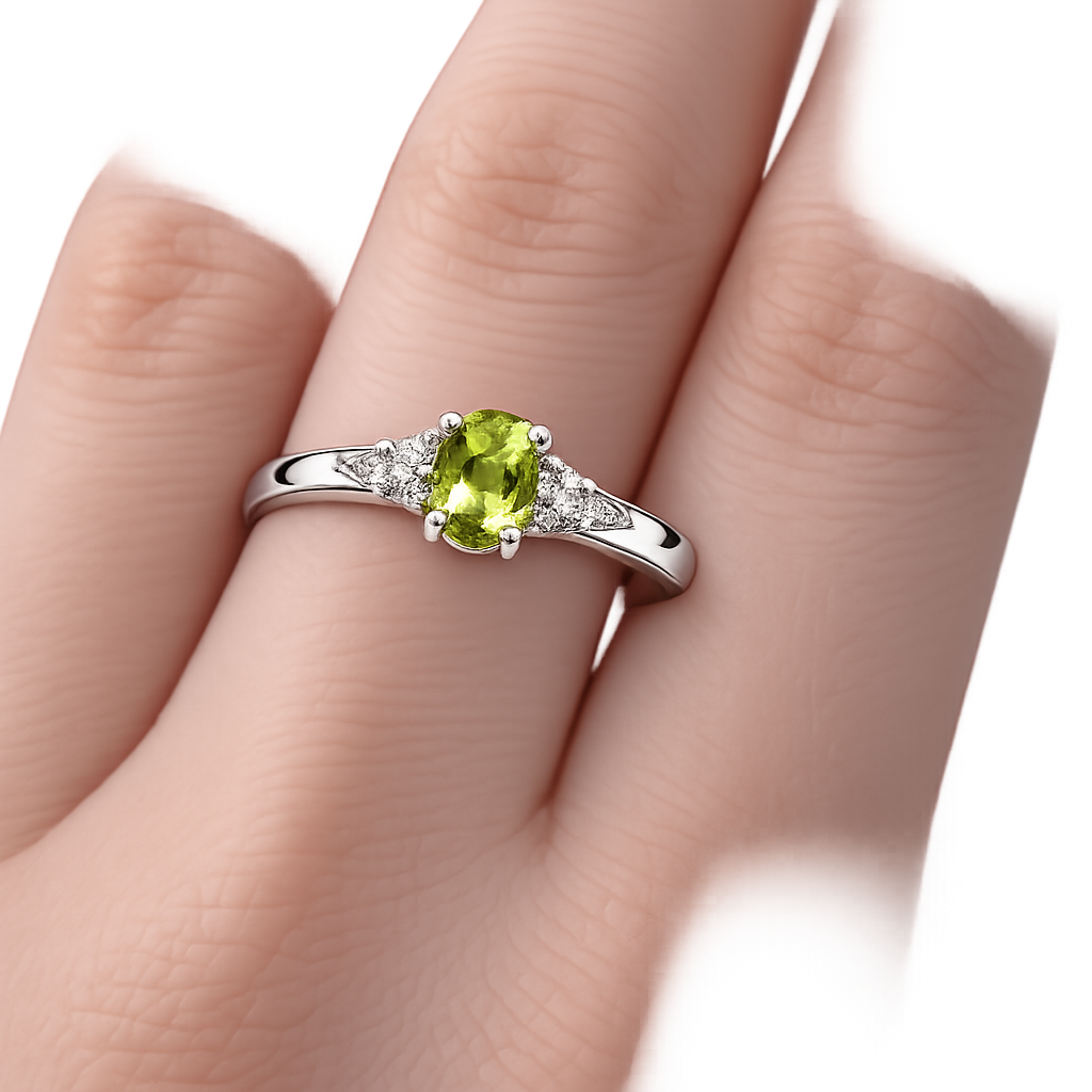 10K White Gold Ring Oval Peridot and Diamonds