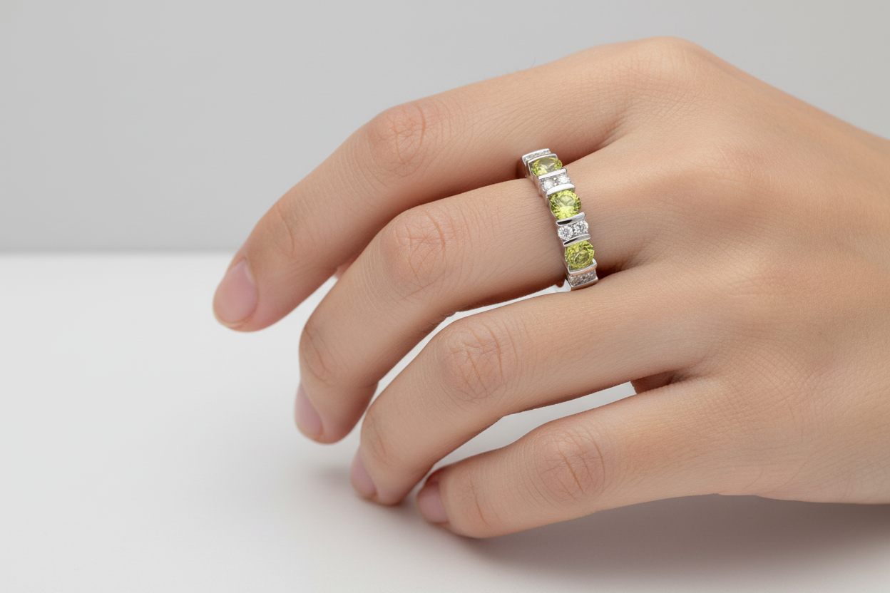 10K White Gold Half Eternity Diamonds and Peridot Band TDW: 0.10ct