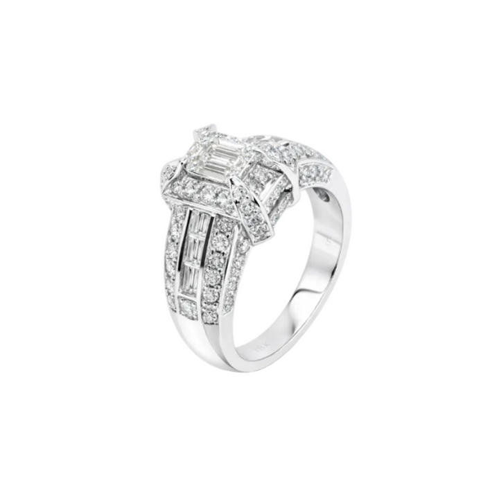 18K White Gold Emerald-Cut Baguette and Round Diamond Ring