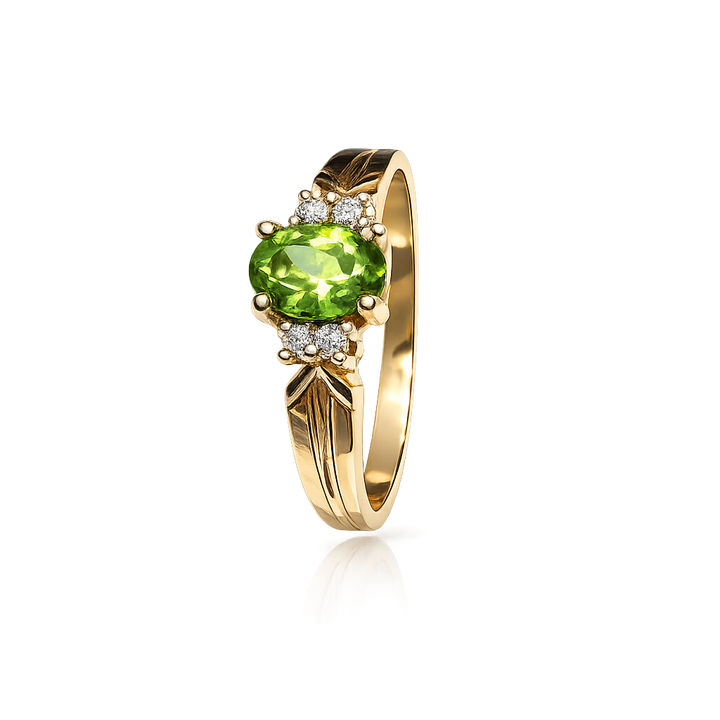 10K Yellow Gold Ring with Oval Peridot and Diamond Halo