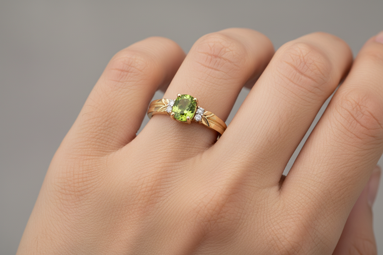 10K Yellow Gold Ring with Oval Peridot and Diamond Halo
