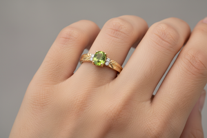 10K Yellow Gold Ring with Oval Peridot and Diamond Halo