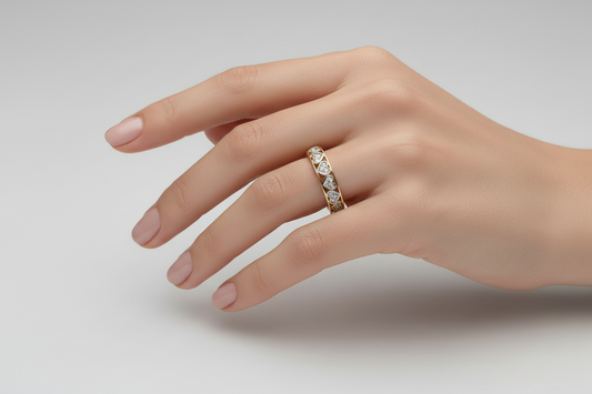 10K Yellow and White Gold Heart – Shaped Diamond Channel – Set Half – Eternity Band
