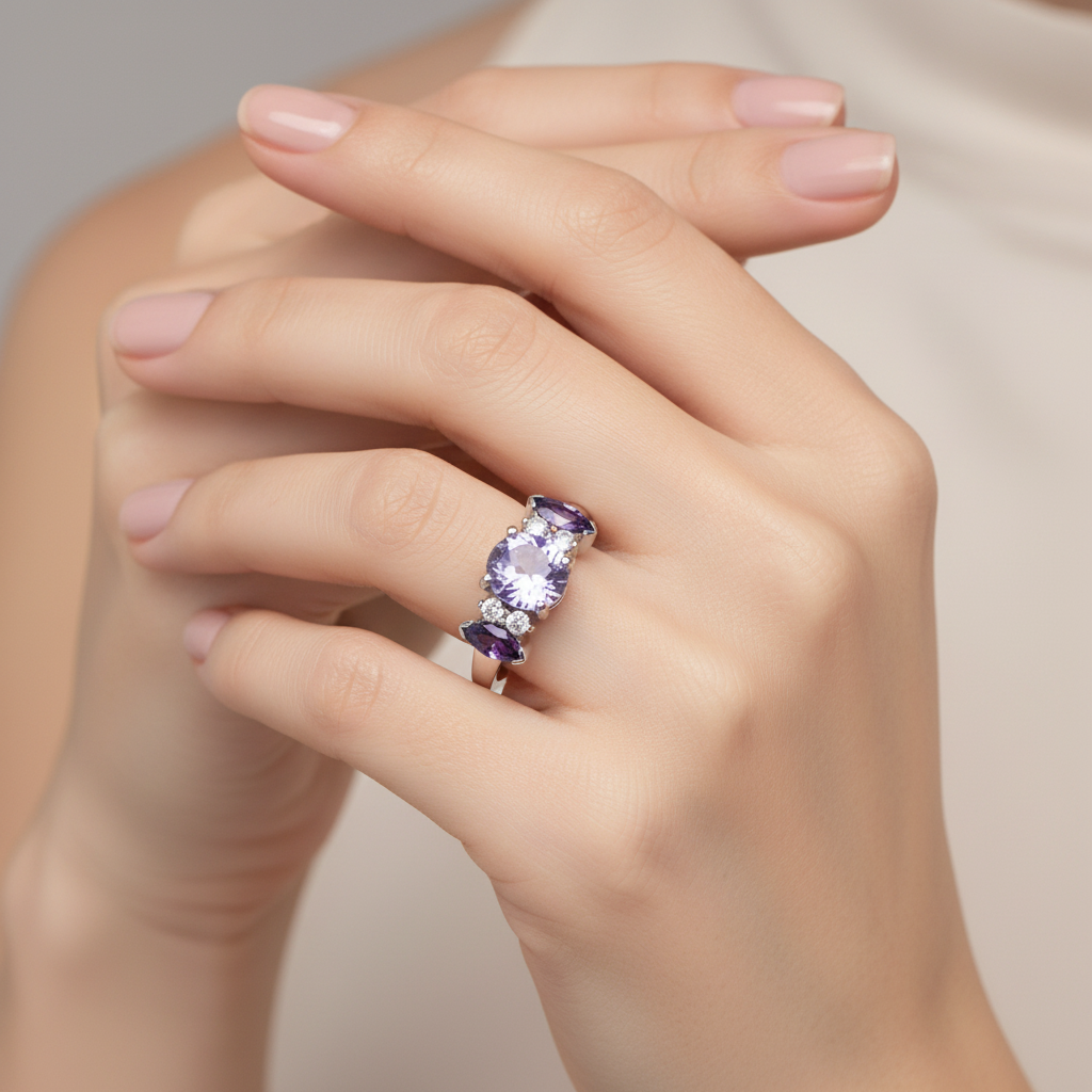 Ring with Three Purple Stones CZ