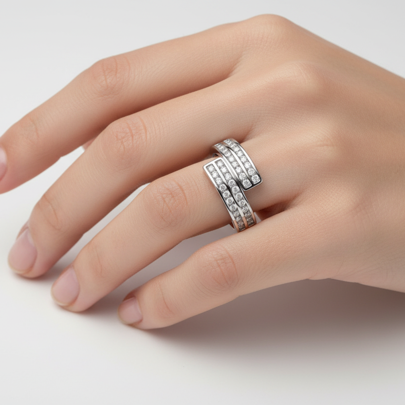 925 Sterling Silver Band 4 Rows CZ Ring