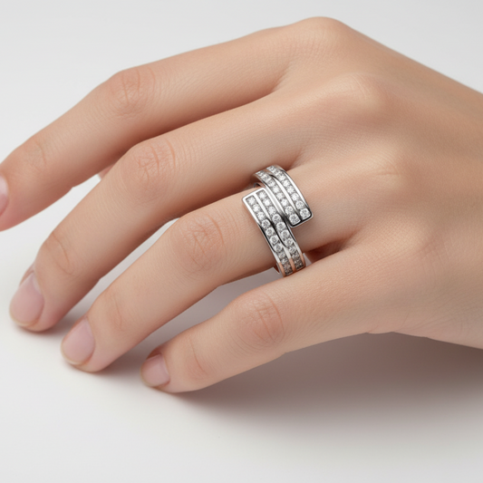 925 Sterling Silver Band 4 Rows CZ Ring