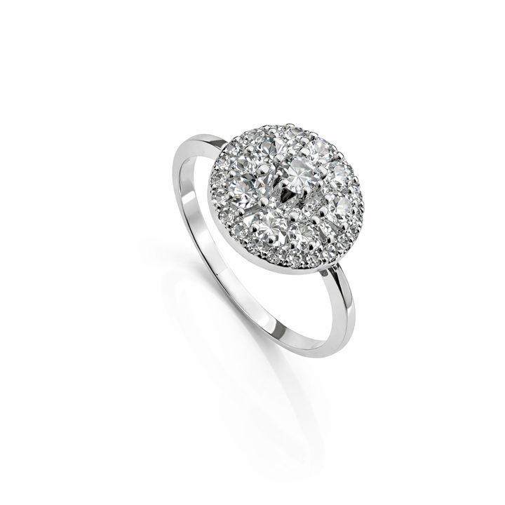 925 Sterling Silver Rhodium-Plated Clustered Halo CZ  Ring