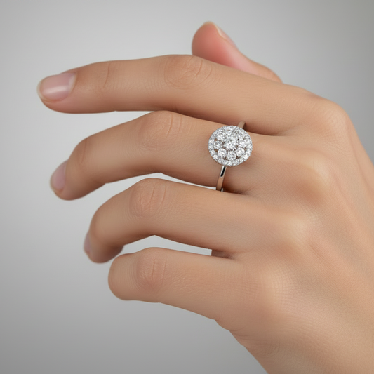 925 Sterling Silver Rhodium-Plated Clustered Halo CZ  Ring