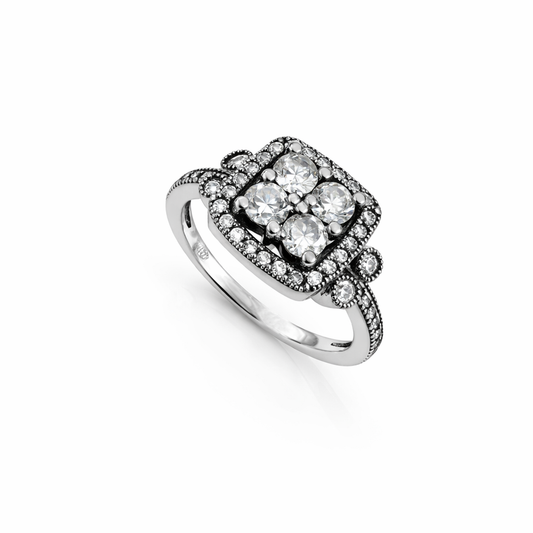 Silver 925 Rhodium-Plated Square Halo Ring