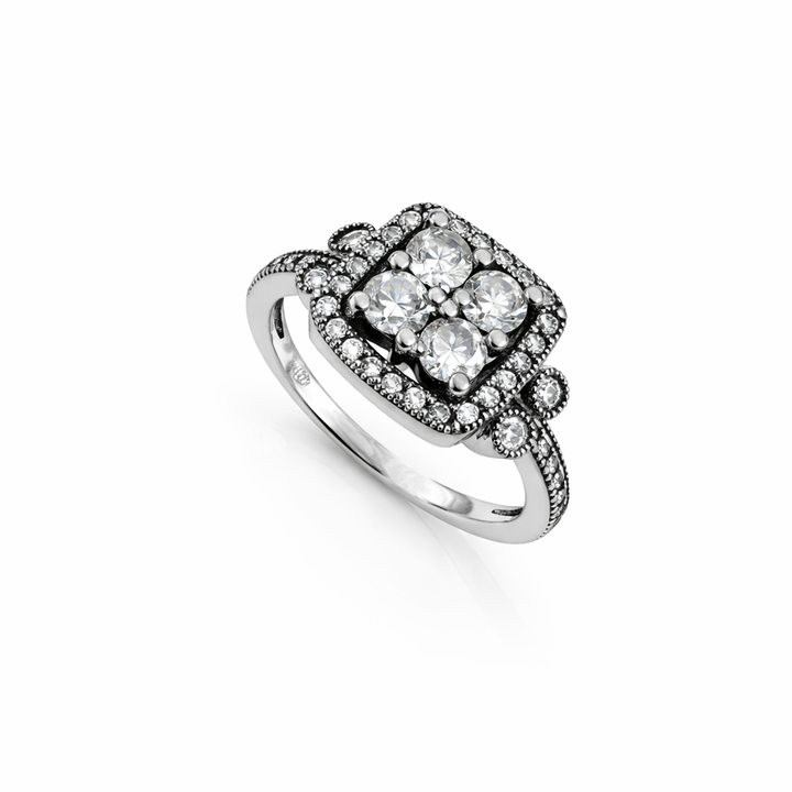 Silver 925 Rhodium-Plated Square Halo Ring