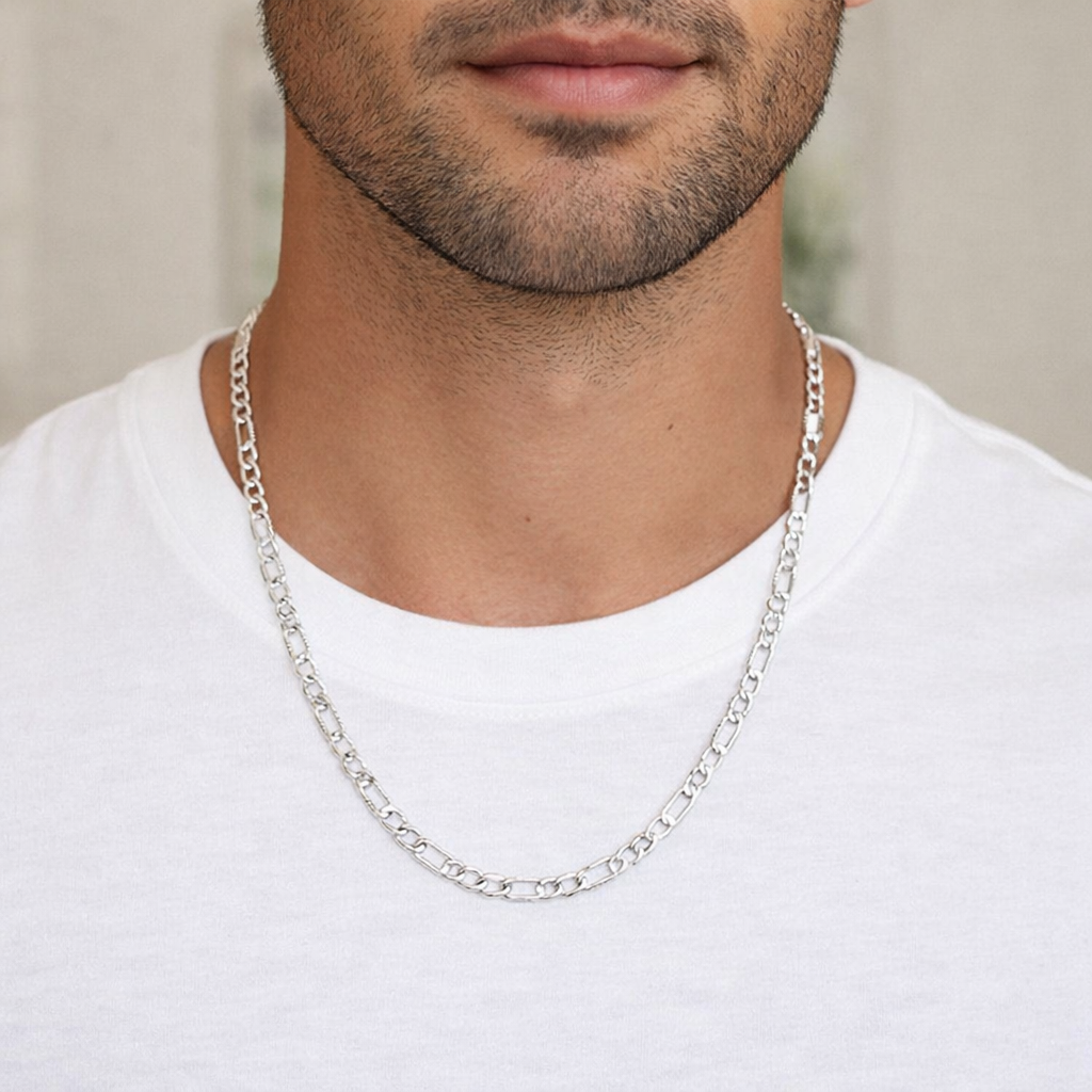 925 Sterling Silver Rhodium Plated Flat Light Weight Figaro Chain 4mm