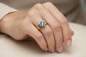 10K Yellow Gold Ring Star Form Blue Topaz and Diamonds T:0.15ct