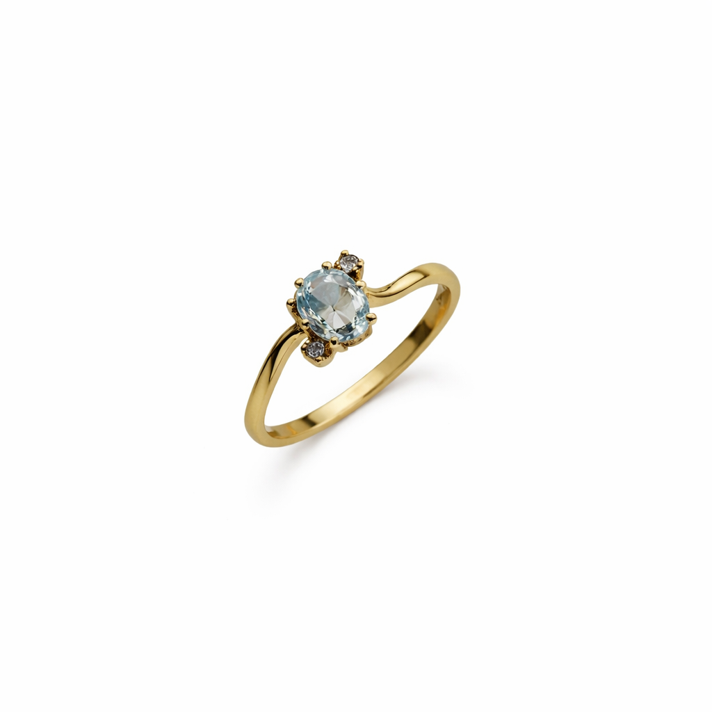 10K Yellow Gold Ring Thin Band Blue Topaz and Diamond T:0.47ct