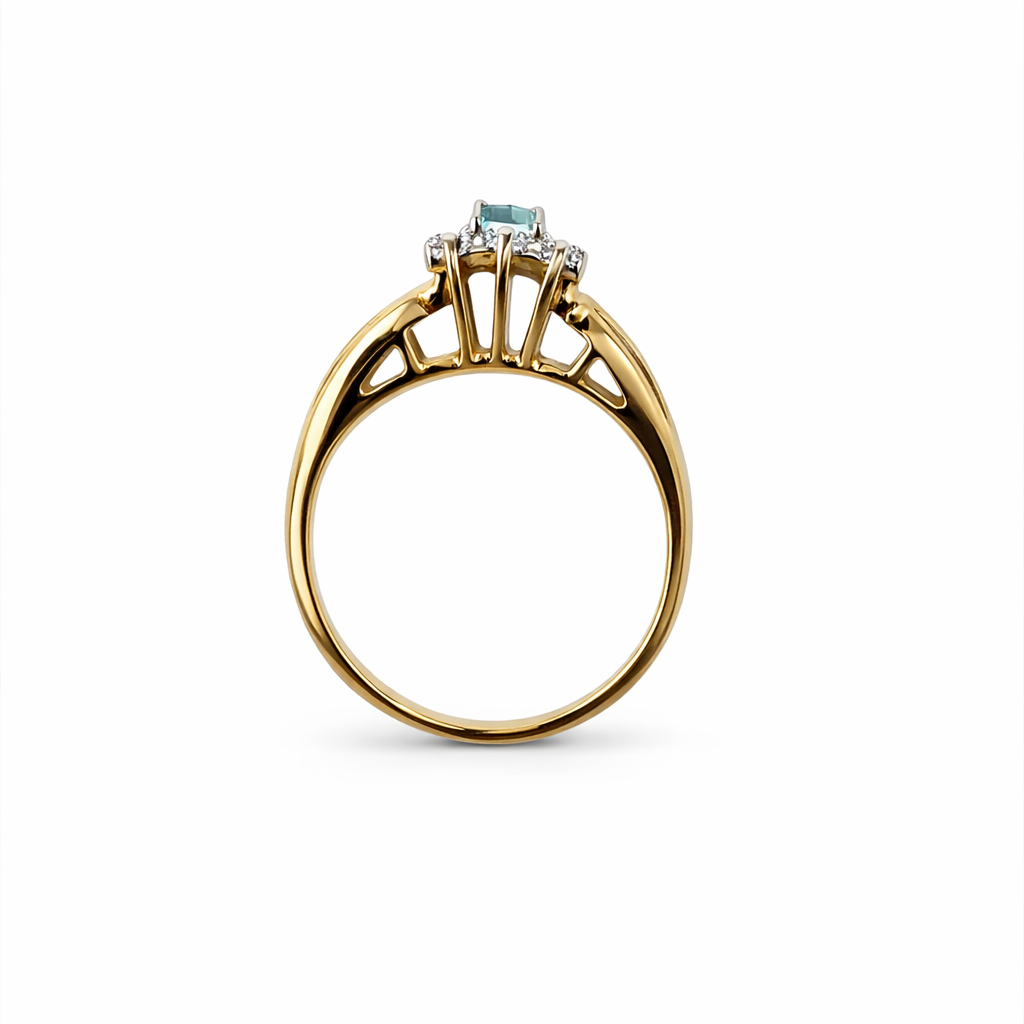 10K Yellow Gold Ring Star Form Blue Topaz and Diamonds T:0.15ct