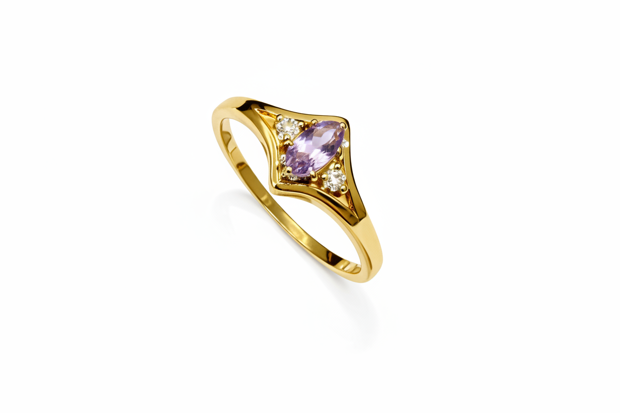 Yellow Gold Ring with Amethyst and Diamond 14k, A:0.13ct