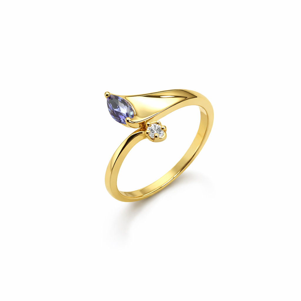 Yellow Gold Ring with Amethyst and Diamond 14k
