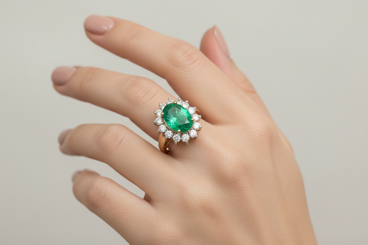 18K Yellow Gold Columbian Oval Emerald Shape and Diamond Ring. E: 1.10ct. TDW: 0.54ct 5.4gr