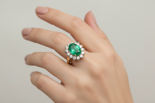 Yellow Gold Columbian Oval Emerald Shape and Diamond Ring. E: 1.1ct. TDW: 0.54ct, 18k, 5.4gr