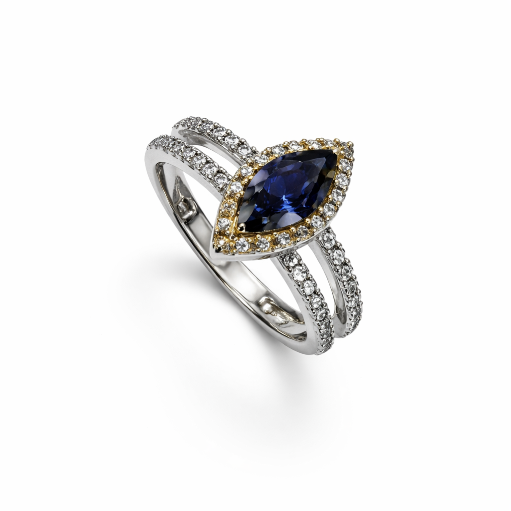 Two-Tone White and Yellow Gold Marquise Shape Tanzanite and Diamond Ring, 14k, T:0.54ct, TDW: 1.12ct SI GH