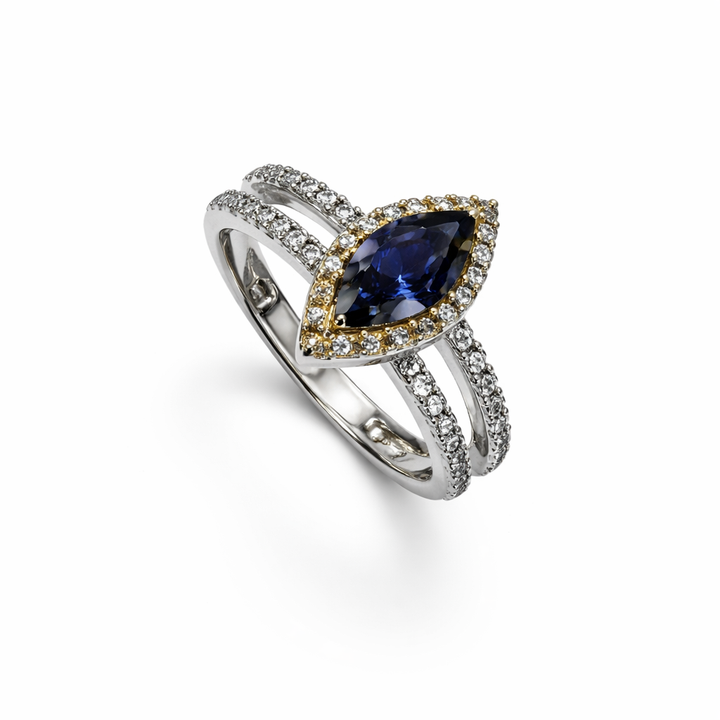14K Two – Tone White and Yellow Gold Marquise Shape Tanzanite and Diamond Ring T:0.54ct TDW: 1.12ct SI GH