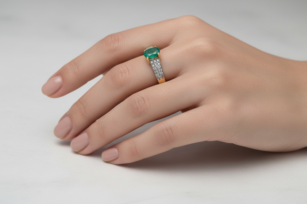 10K Yellow Gold Ring Solitaire Emerald Ring. E: 0.45ct TDW: 0.20ct SI H