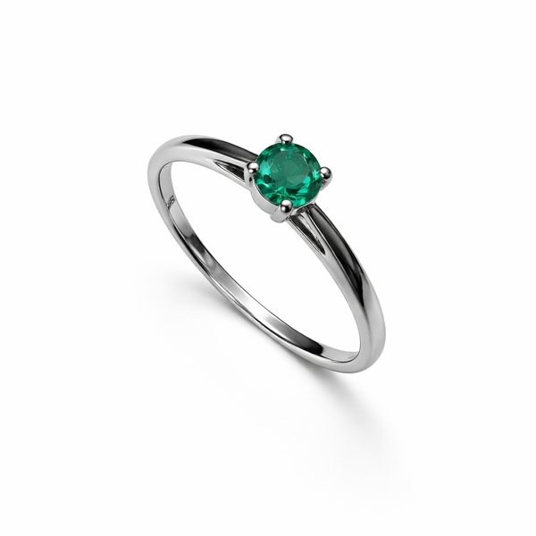 14K White Gold Round Shape Emerald Ring. E: 0.25ct – Medium Green