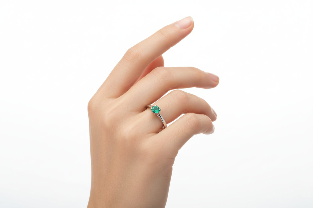 White Gold Round Shape Emerald Ring. 14k, E: 0.25ct - Medium Green