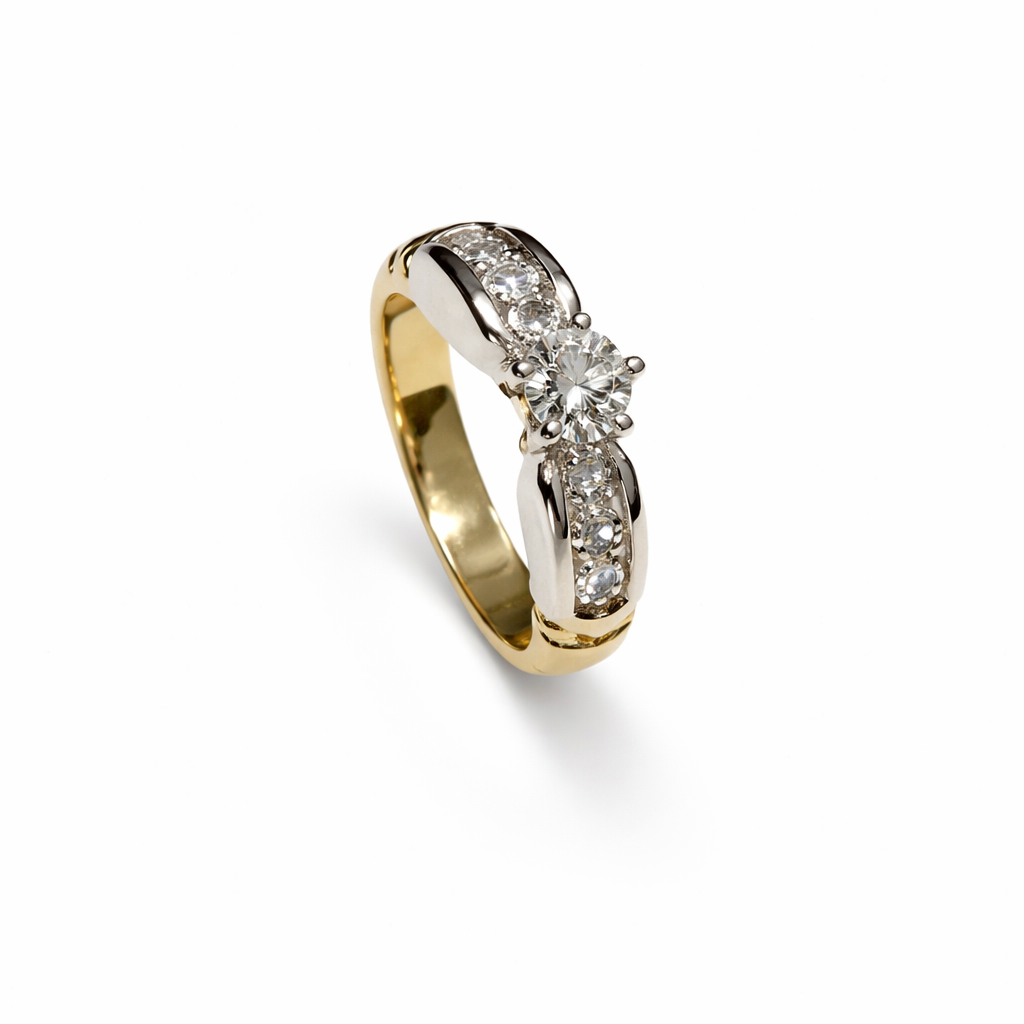 14K Two Tones Solitaire Diamond Ring Setting with One Round Natural Diamond in center 0.30ct and 6 Natural Diamonds on the Shanks TDW: 0.90ct SI 1 GH