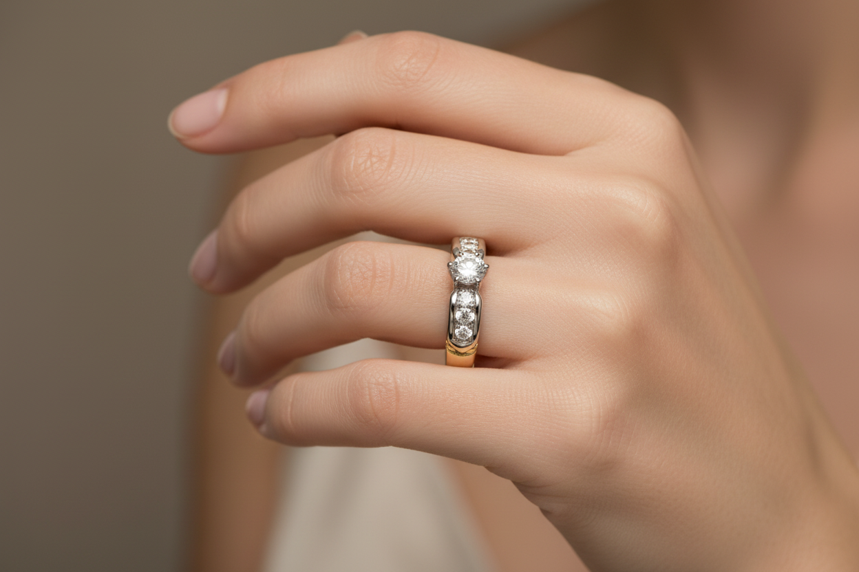 14K Two Tones Solitaire Diamond Ring Setting with One Round Natural Diamond in center 0.30ct and 6 Natural Diamonds on the Shanks TDW: 0.90ct SI 1 GH