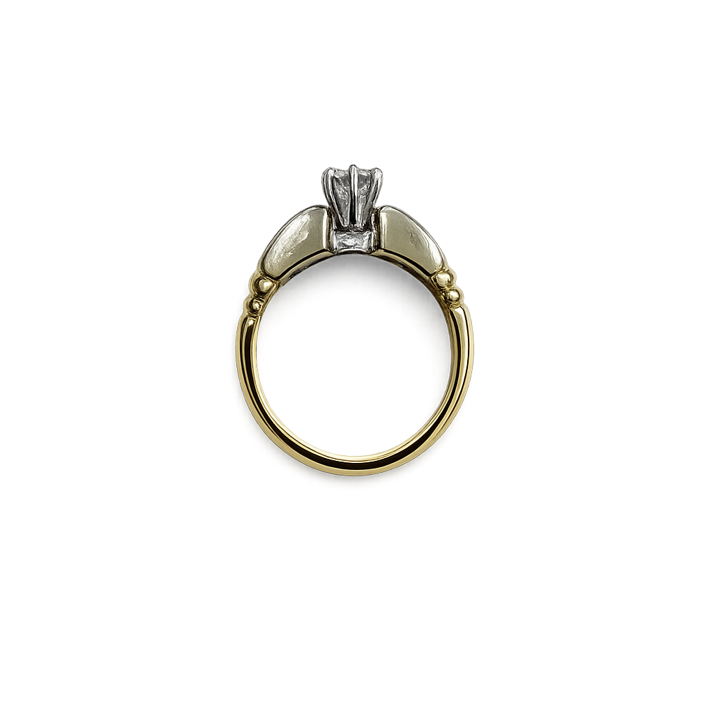 14K Two Tones Solitaire Diamond Ring Setting with One Round Natural Diamond in center 0.30ct and 6 Natural Diamonds on the Shanks TDW: 0.90ct SI 1 GH