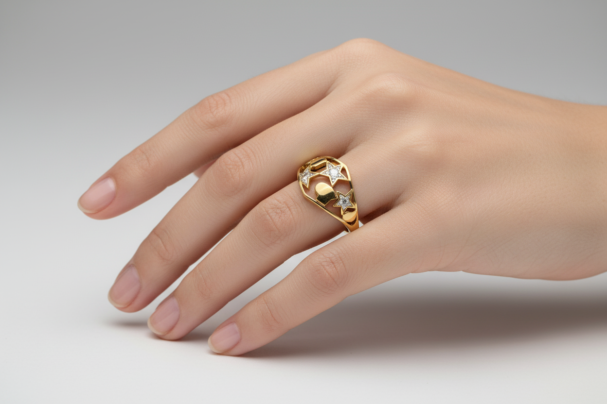 10K Yellow Gold Band with Heart and Stars Design and Small Diamonds TDW: 0.03ct