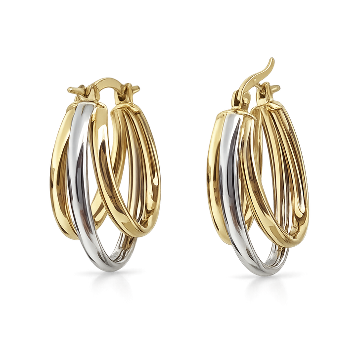 14K Two Tone Triple tube Layered Hoops