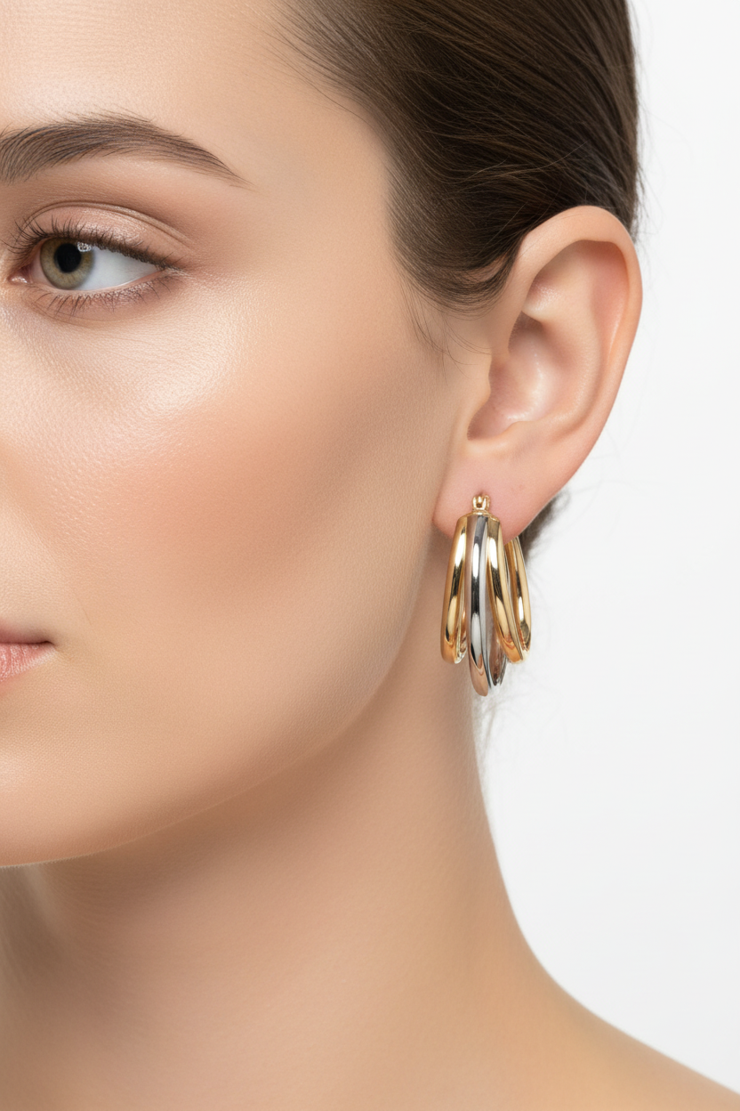 Two Tone Triple tube Layered Hoops 14k