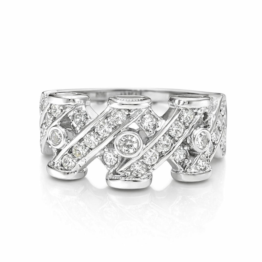 18K White Gold Wide Swirl Diamond Band. 4.5gr TDW: 0.68ct. SI GH