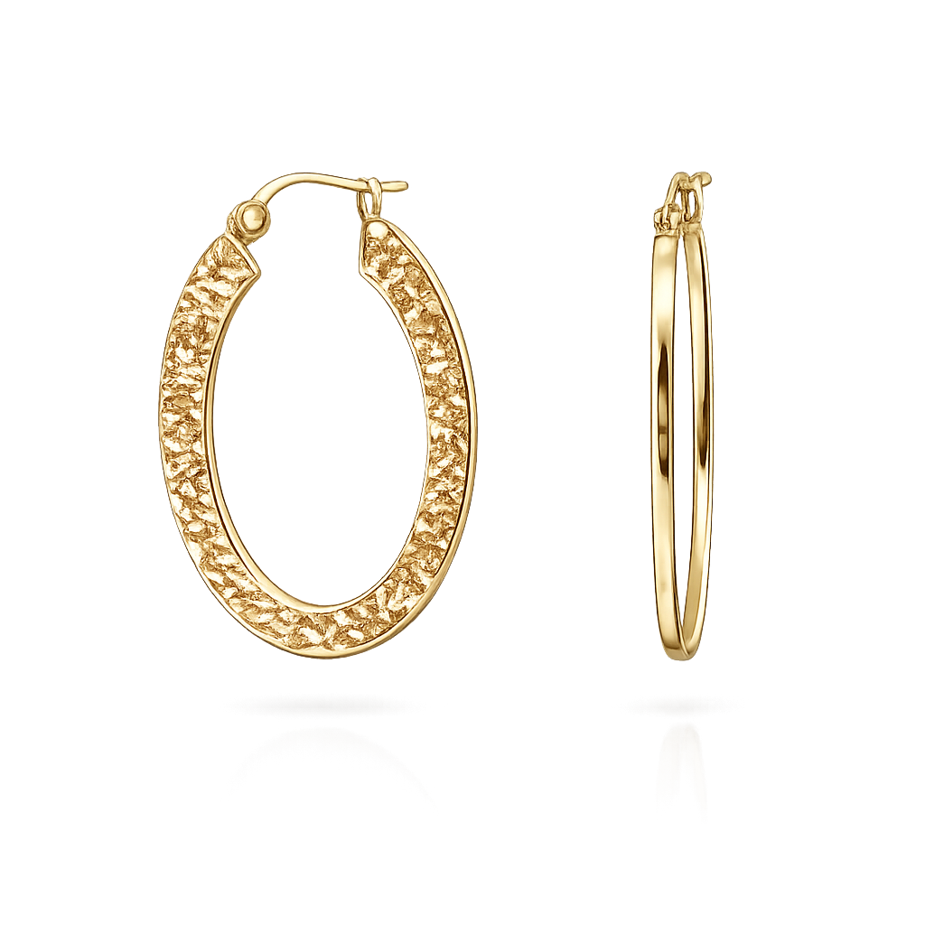 Yellow Gold Textured Oval Hoops 14k