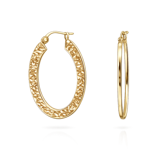 Yellow Gold Textured Oval Hoops 14k