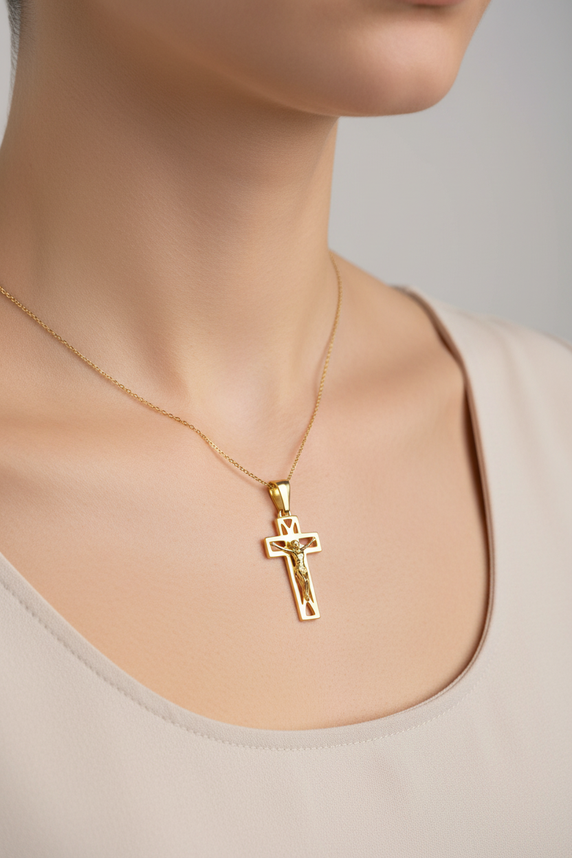 Yellow Gold Cut-out Cross with Christ Figure Pendant, 18k, 1.83gr