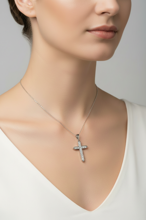 White Gold Cross Pendant with CZ, 10k