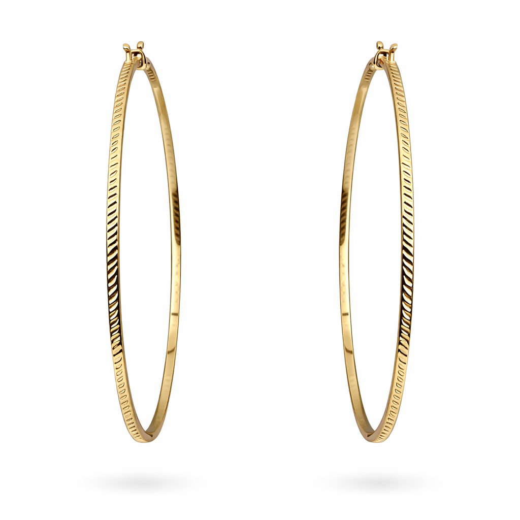 Yellow Gold Large Textured Hoops 18k 52mm