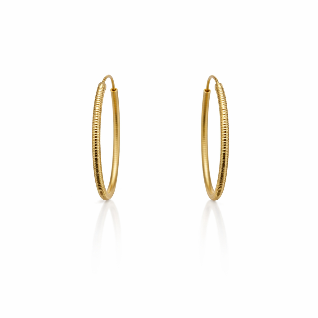 Yellow Gold Ribbed Hoop Earrings, 18k, 0.82gr