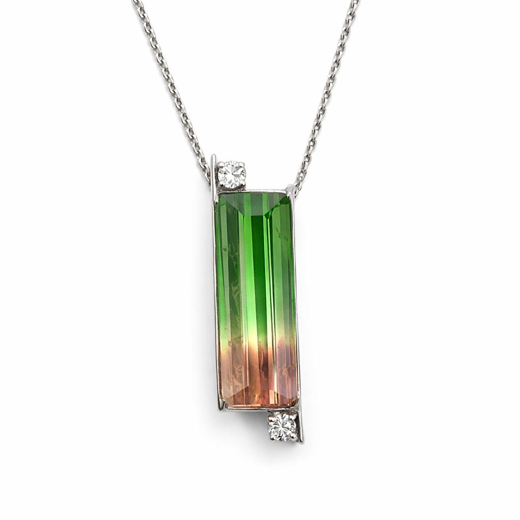 White Gold Pendant with Certified Natural Watermelon Tourmaline and diamond, T: 11.94ct, 14k