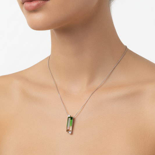 White Gold Pendant with Certified Natural Watermelon Tourmaline and diamond, T: 11.94ct, 14k