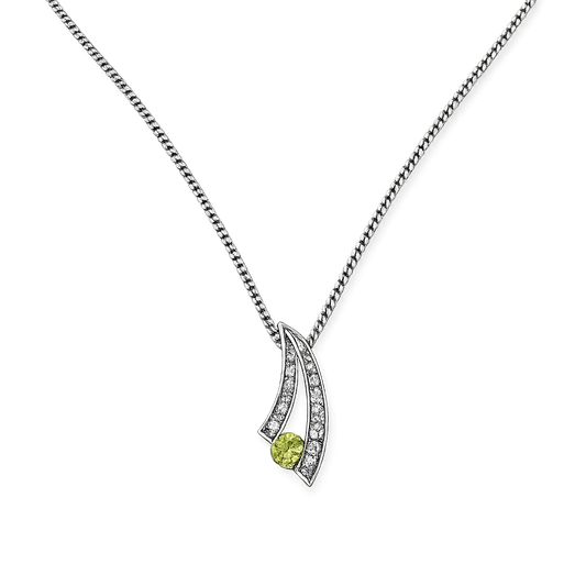 White Gold V shape Pendent with 7 Diamond , TDW: 0.07ct and one Peridot, 10k