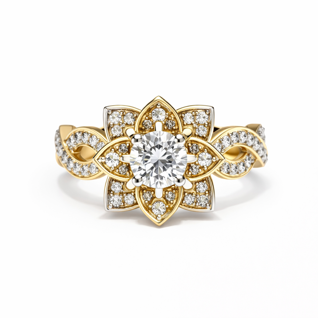 Two Tones Gold Ring Flower setting with Diamonds 14k TDW: 0.66ct VS,GH