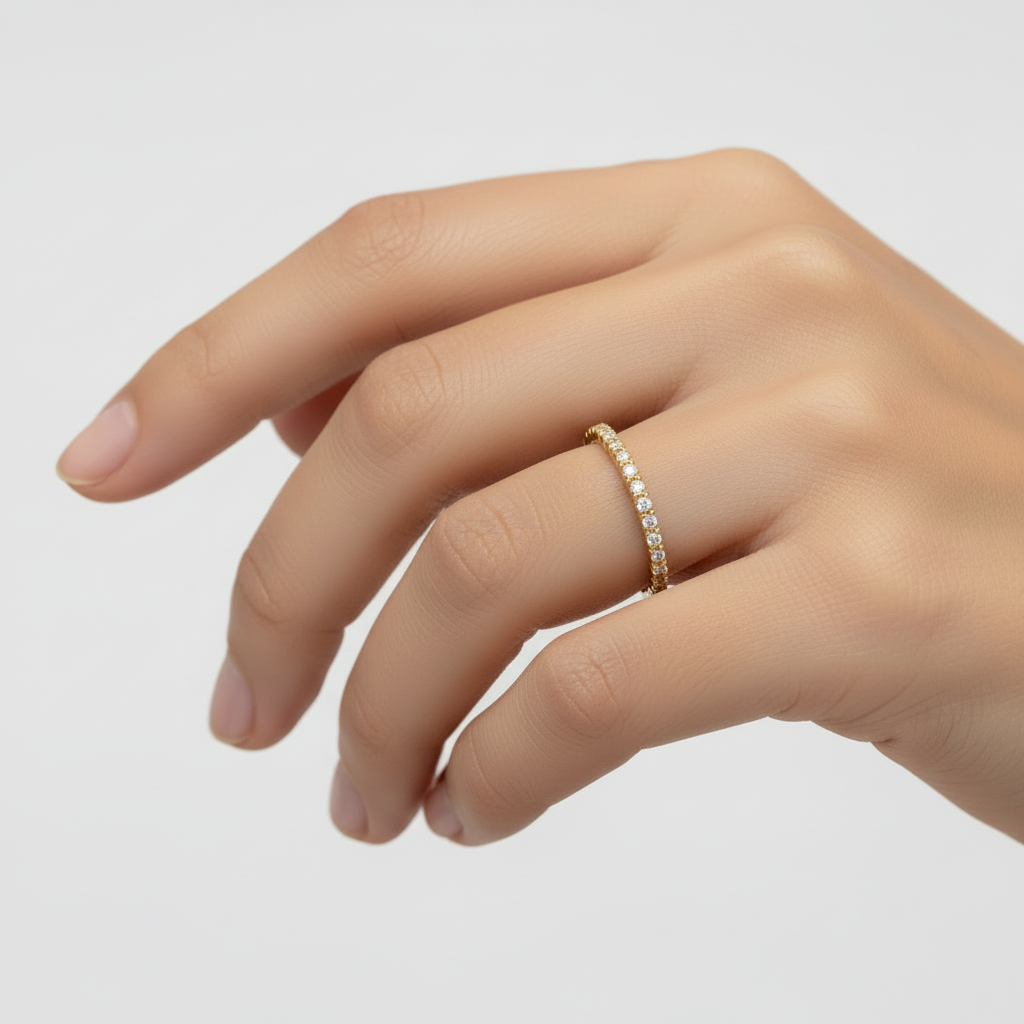 18K Yellow Gold Diamond Surface Prong Set Slim Wedding Band