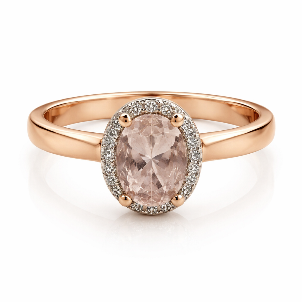 10K Vintage Rose Gold Oval Halo Morganite Ring TDW: 0.07ct