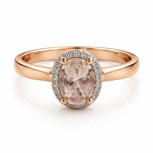 10K Vintage Rose Gold Oval Halo Morganite Ring TDW: 0.07ct