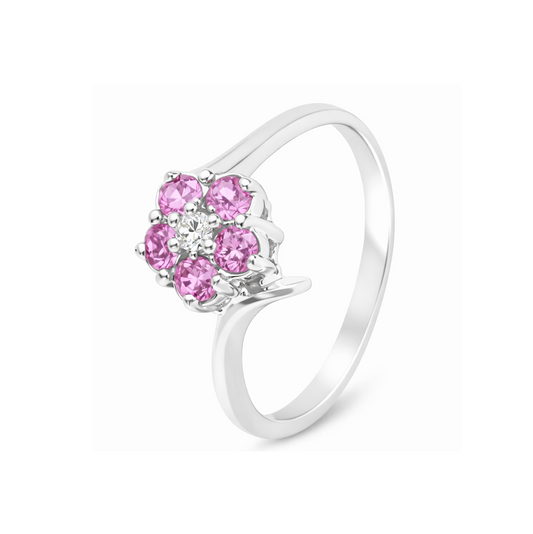 10K White Gold Ring  Pink Quartz  and Diamond Flower Ring