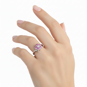 10K White Gold Ring  Pink Quartz  and Diamond Flower Ring
