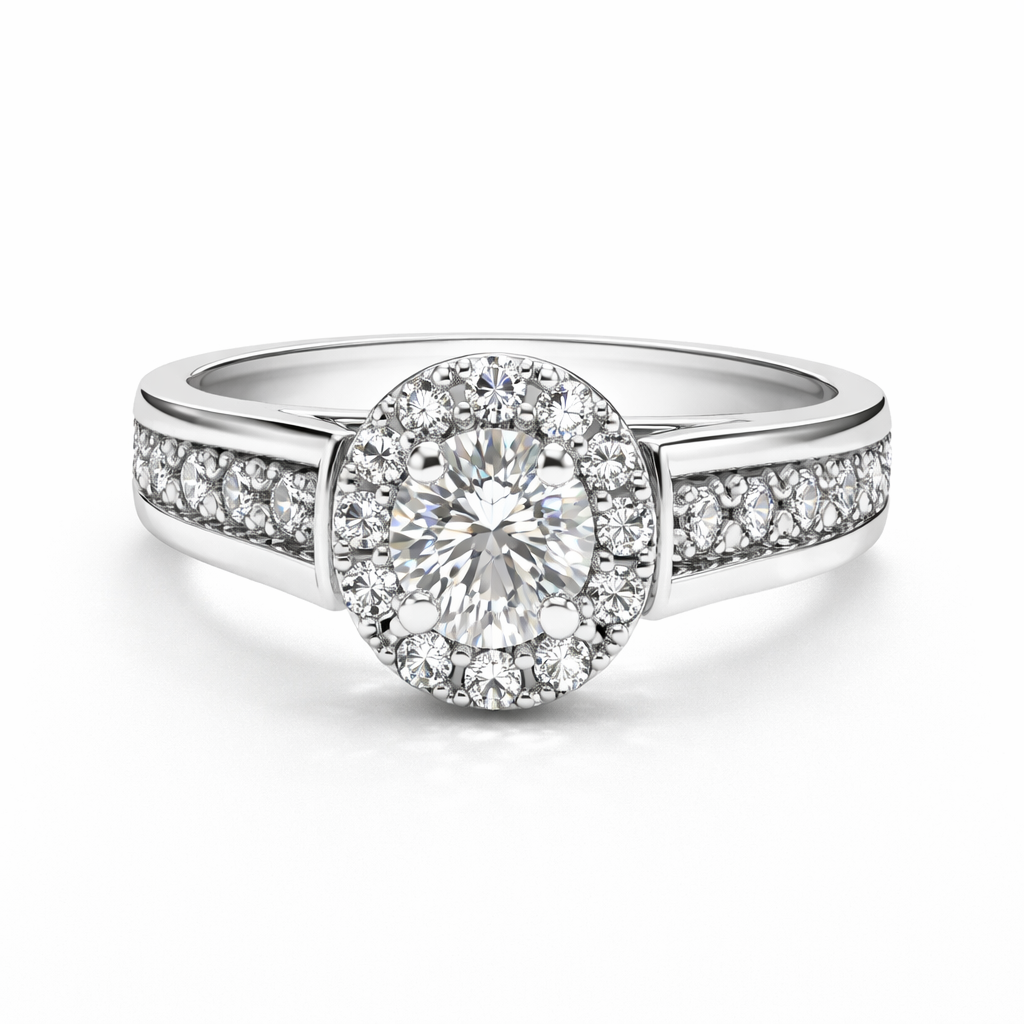 White Gold Halo Engagement Diamond Ring,14k, Centre: 0.4ct, TDW: 0.9ct. VS2-SI1 GH